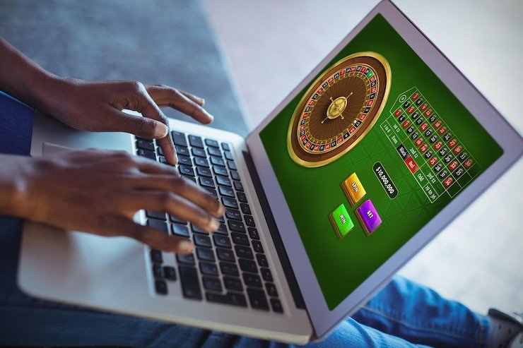 Ilustrasi cara kerja mesin slot online dengan gulungan digital dan simbol-simbol permainan